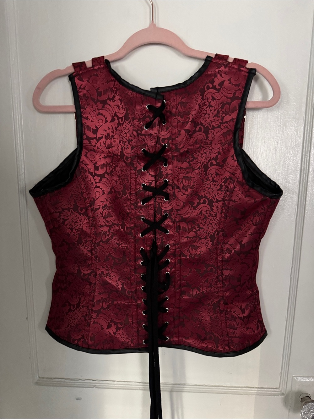Red Brocade Corset Top with Buckle Straps - Picture 2 of 5